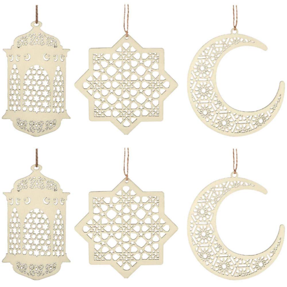6Pcs Ramadan Kareem Wooden Ornaments Pendant Decoration Moon Lantern Star Shape Mubarak Eid Hanging Ornament for Ramadan Mubarak Eid Decorations