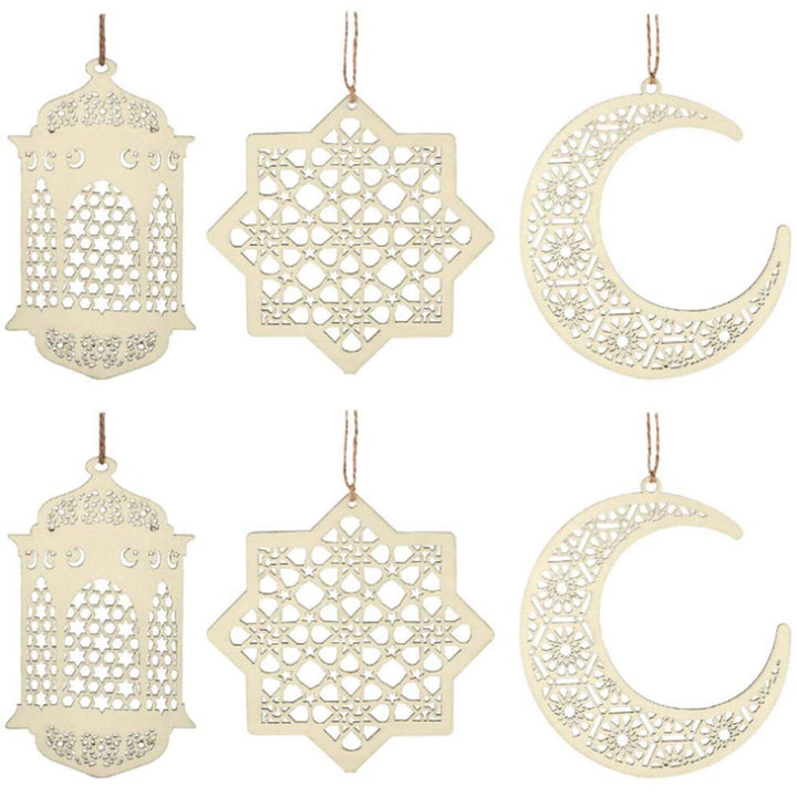 6Pcs Ramadan Kareem Wooden Ornaments Pendant Decoration Moon Lantern Star Shape Mubarak Eid Hanging Ornament for Ramadan Mubarak Eid Decorations