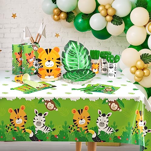3 Pack Jungle Safari Tablecloths, Cute Jungle Table Cloth with Animal Print, 108 x 54 Wild One Birthday Table Covers, Zoo Party Decorations for Boys Kids Birthday, Baby Shower