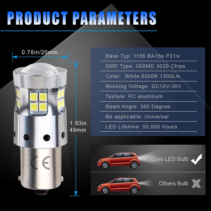 1156 LED Bulbs Ba15s P21w 5008 7506 LED Light Bulbs Replacement 1500 Lumens, With Projector Lens. for Backup Reverse Light Bulb Tail Light 6000K White, 2-Pack.