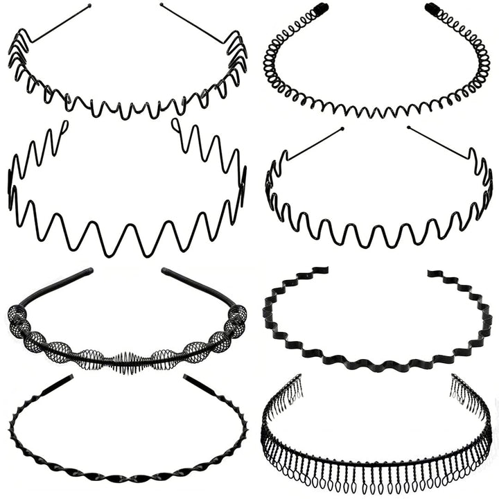 Metal Headbands for Men Women,Fashion Spring Wavy Black Non Slip Hair Bands 8 PCS