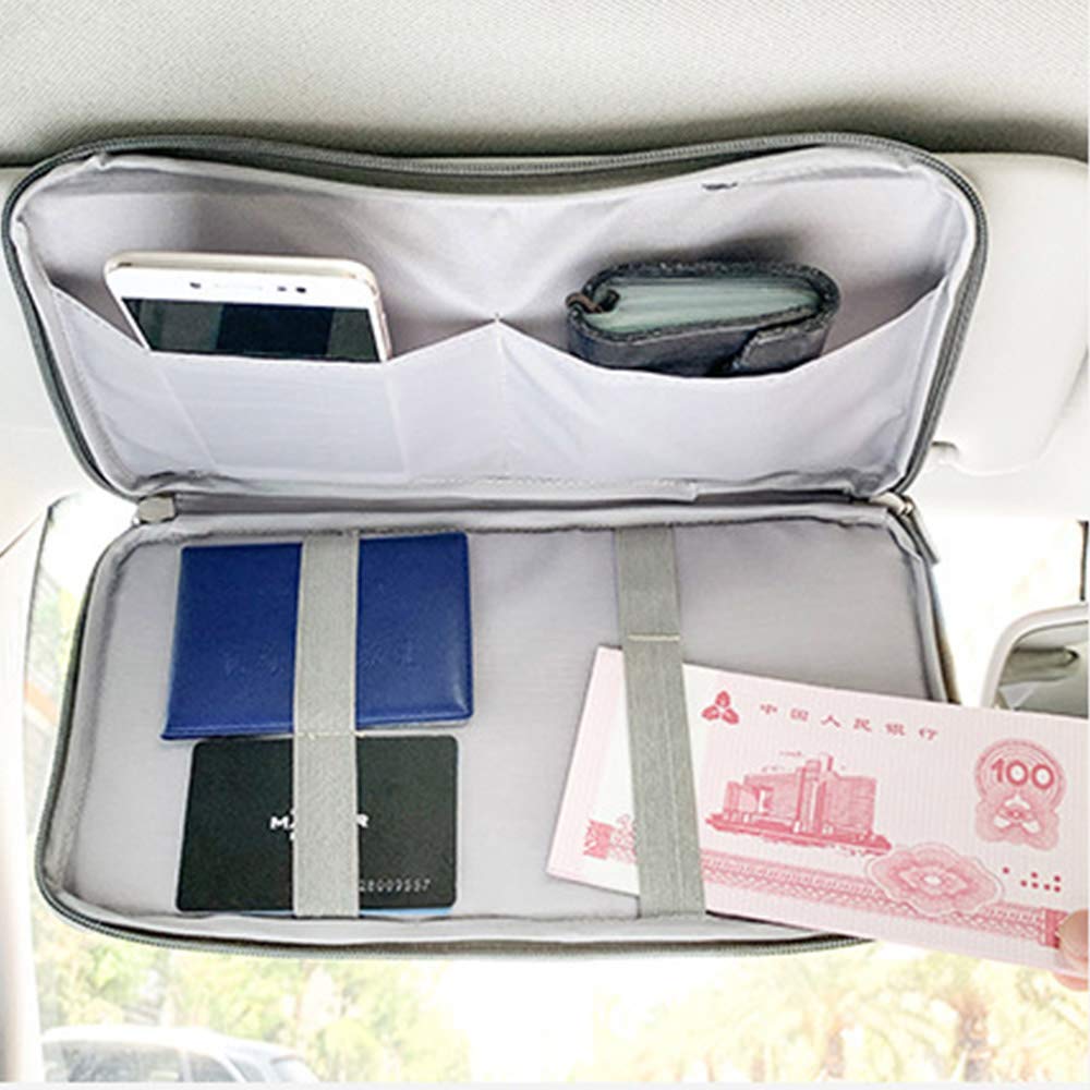 Car Sun Visor Organizer, PU Leather Auto Interior Accessories Pocket Organizer with Multi-Pocket with Zipper Net (Black)
