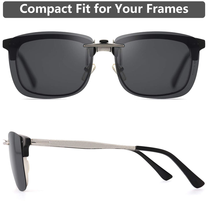 Polarized Clip On Rectangular Sunglasses Over Prescription Glasses Men Women Compact Fit Non-Flip Up, Black, Extra Large