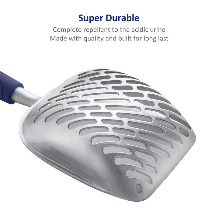 WePet Cat Litter Scoop, Aluminum Alloy Sifter, Kitty Metal Scooper, Deep Shovel with Diagonal Sifting Hole, Long Handle, Kitten Poop Lifter for Litter Box, Large Size, Blue Handle