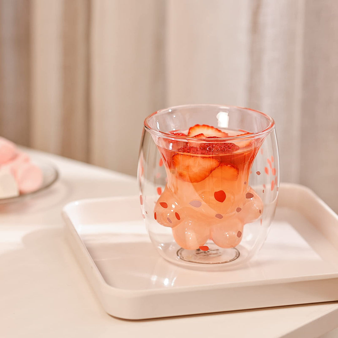 Cute Cat Claw Cup Pink Cherry Printing Paw Mug Cat Foot Claw Print Mug Double Wall Insulated Glasses Espresso Cup Mug Glass Cup Coffee Cups Milk Mug Tea Whiskey Cup Cat Paw-Shaped mug