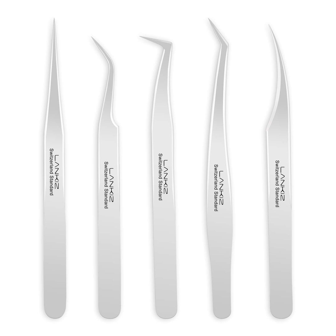 Eyelash Extension Tweezers Set 5 PCS for Volume Lash Extensions Stainless Steel Straight and Curved Tips Eyelash Tweezers for Extensions Isolation Fanning Applicator -Silver