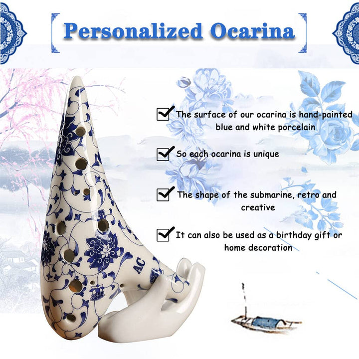 12 Hole Alto C Ocarina with Protective Bag, Hand Painted Blue and White Porcelain Musical Instrument, Porcelain clay Collectible with Neck Strap, Gift Idea For Beginner Musician, Easy to Learn