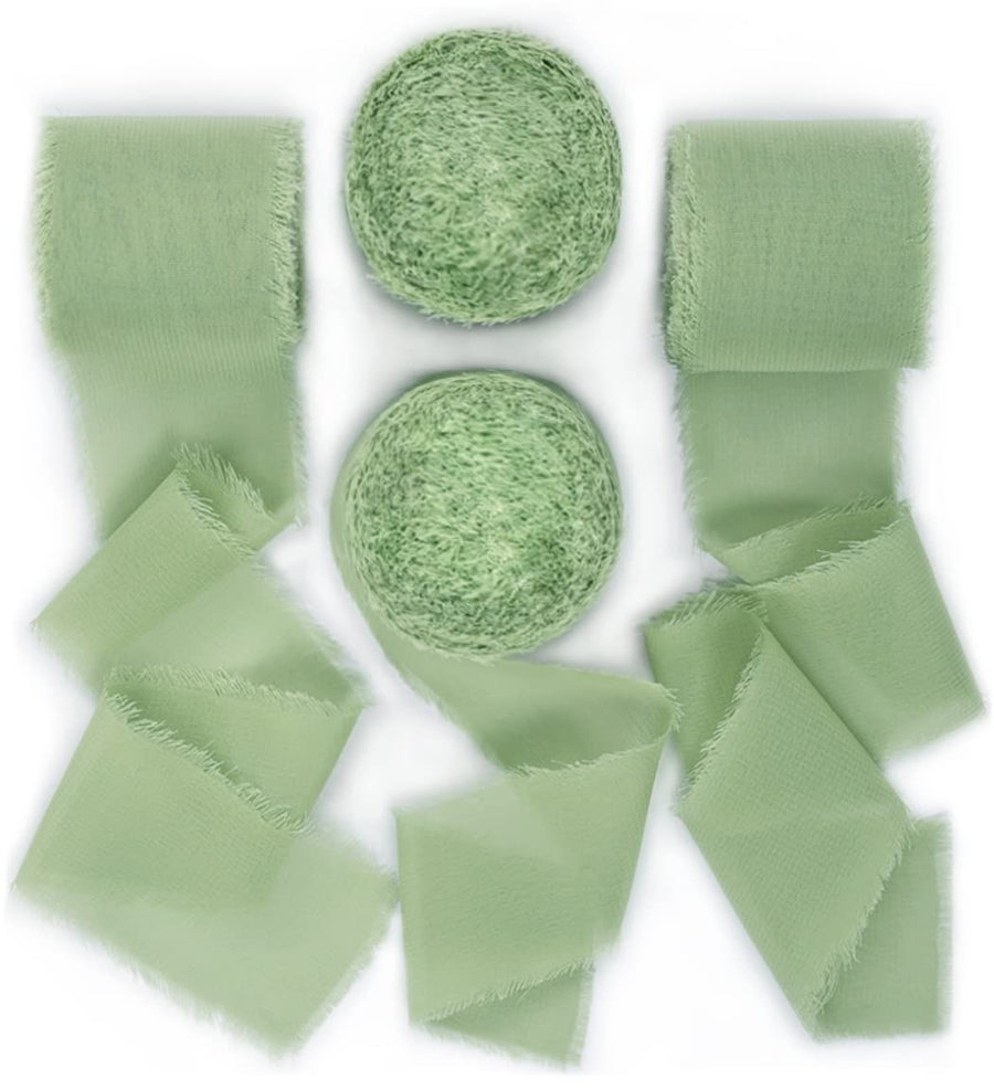 Socomi Sage Green Handmade Fringe Chiffon Silk Ribbon 1