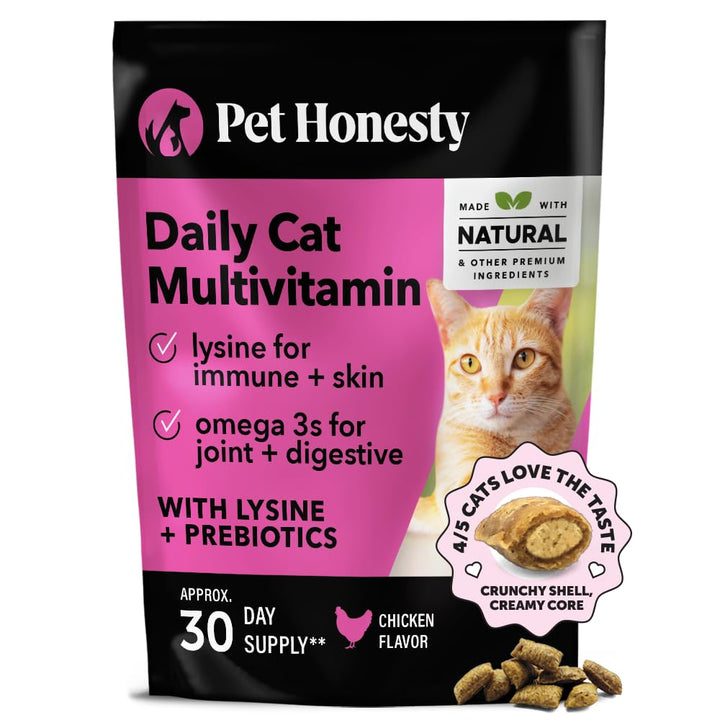 Cat Multivitamin Crunchy & Creamy Chews - Cat Treats for Health + Immune, Joint Support, Skin & Coat, & Digestion - Vitamins with Omega 3s, Lysine & Probiotics (30 Day Supply)