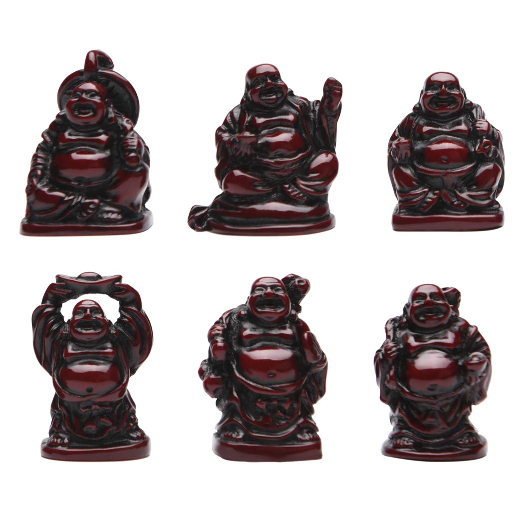 BRABUD 1&#39;&#39; Red Resin Laughing Buddha Maitreya Figurines Collection Gift Home Office Desk Decor Flower Pot Statue Decoration Set of 6