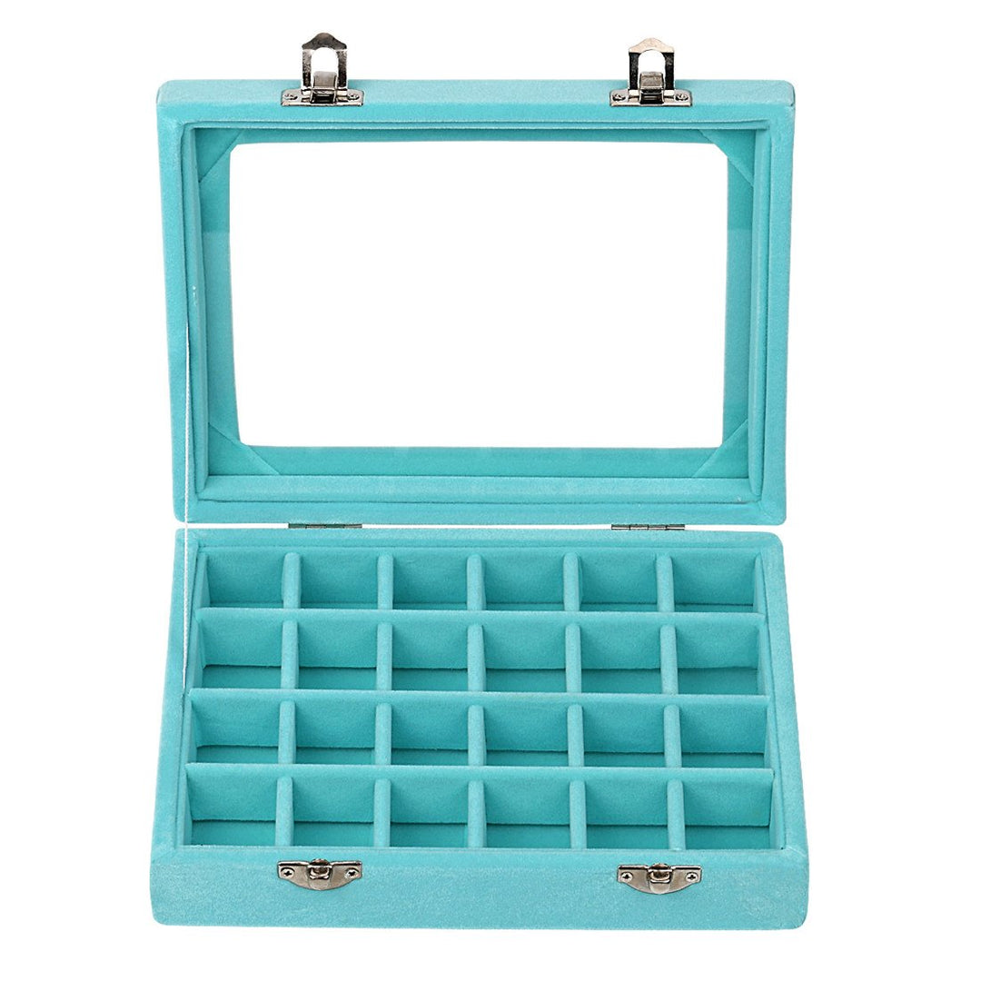 24 Grid Velvet Glass Jewelry Box Jewellery Organiser Earring Ring Storage Holder Case Box (Sky Blue)