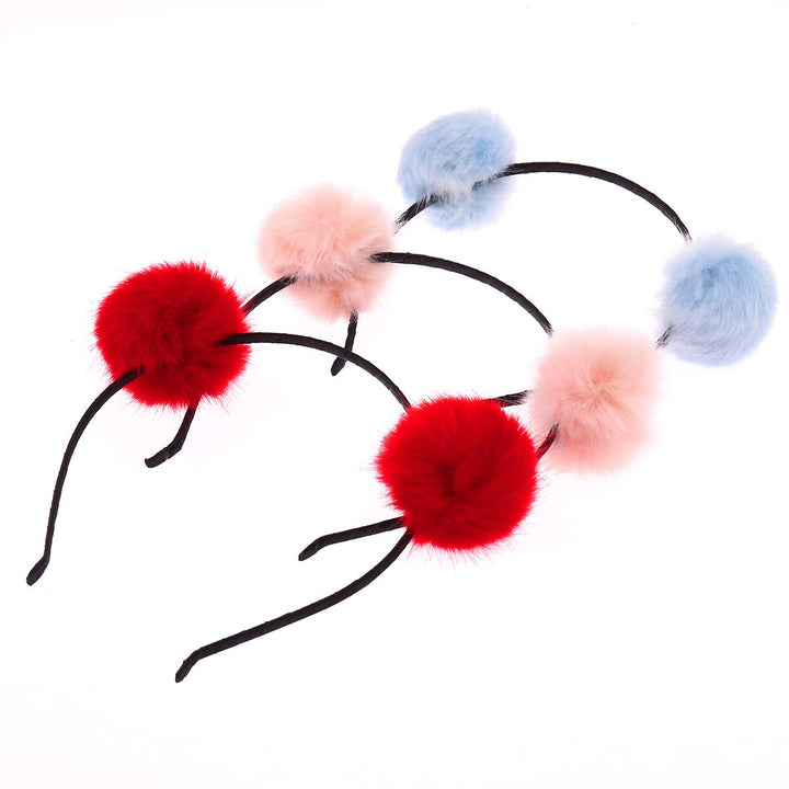 Frcolor Fuzzy Pom Pom Ball Hair Hoop Cat Ear Headband for Kids Girls (Sky Blue, Pink and Red, 3 Pieces)