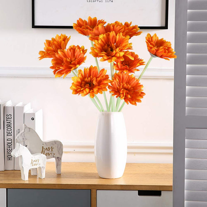 10PCS Fall Artificial Flowers Gerbera Daisies with Stem Orange Silk Flower Arrangement for Home Kitchen Autumn Party Wedding Greenery Fireplace Table Centerpieces