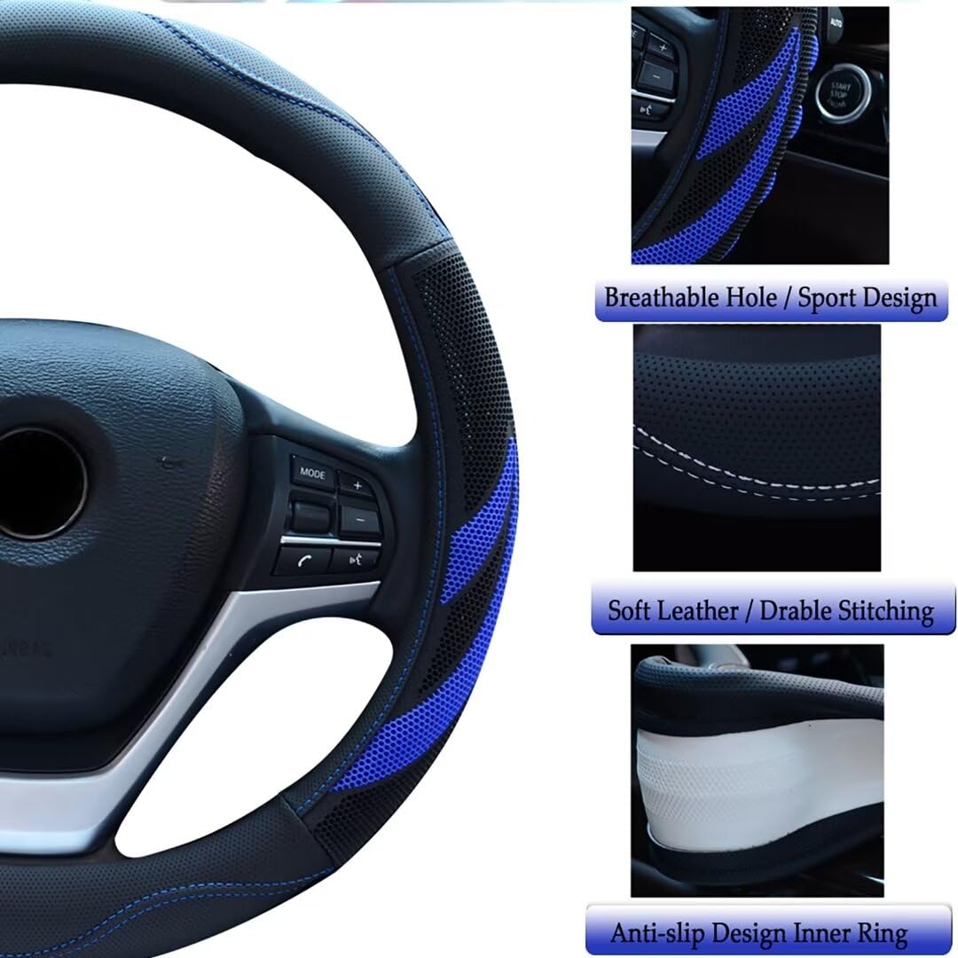 Alusbell Microfiber Leather Steering Wheel Cover Breathable Auto Car Steering Wheel Cover for Men Large-Size with 15 1/2 inches-16 inches Outer Diameter Blue