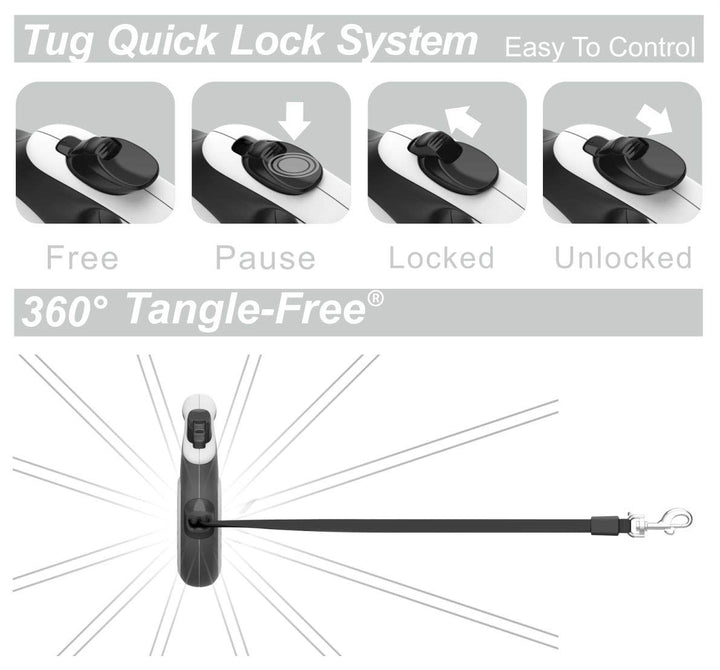 360° Tangle-Free Retractable Dog Leash | 16 ft Strong Nylon Tape | One-Handed Brake, Pause, Lock (Large, White)