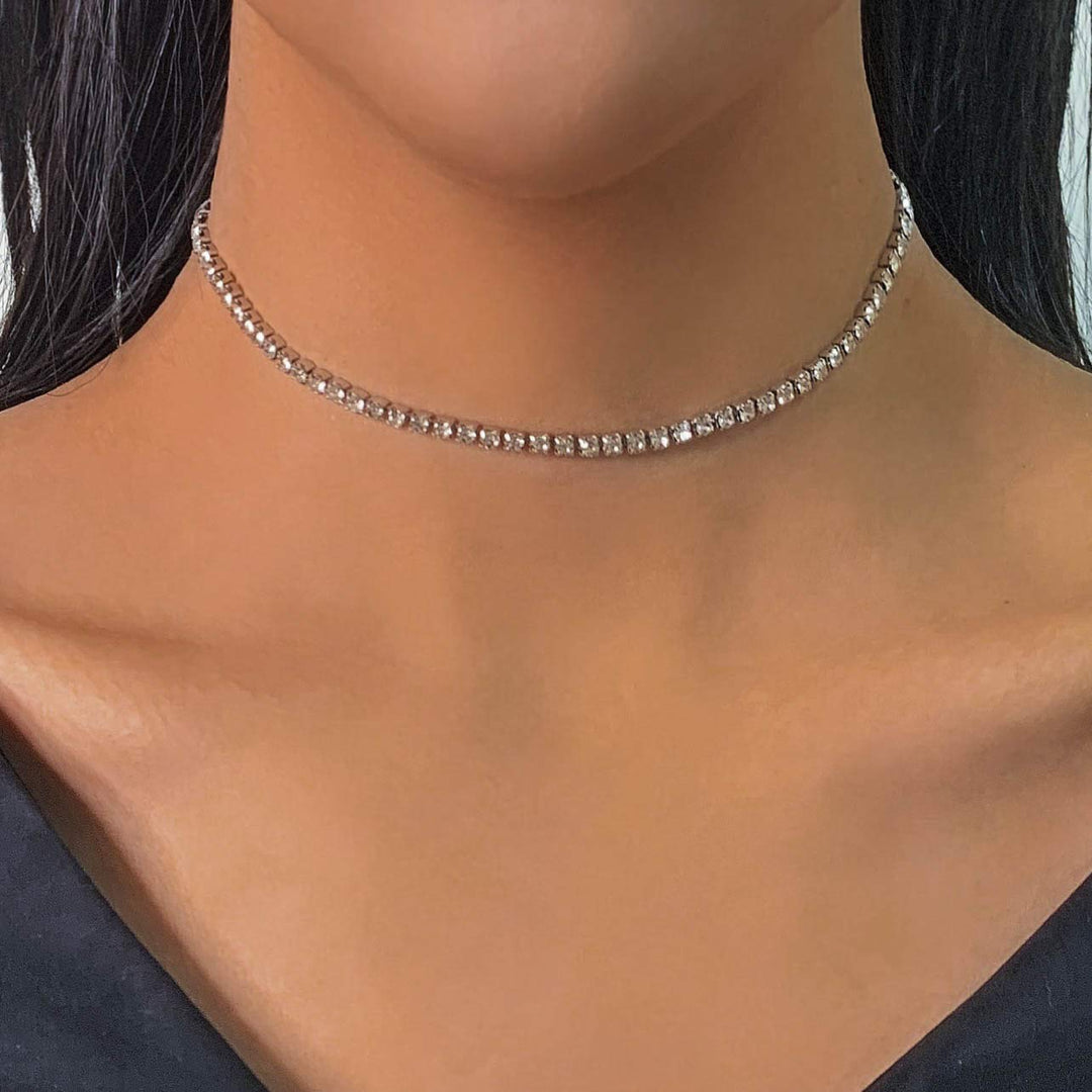 Rhinestone Choker Necklaces Silver Plated 1 Layer Necklace Chain Jewelry for Women