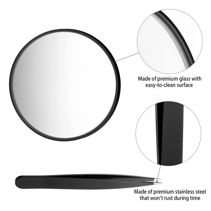 Magnifying Mirror, 3.5 Inch 20X Mirror &amp; 10X Magnifier Mirrors with 2 Suction Cups, Small Travel Magnifying Mirror and Tweezers Kit for Eyebrow Tweezing, Blackhead Blemish Removal (Black)