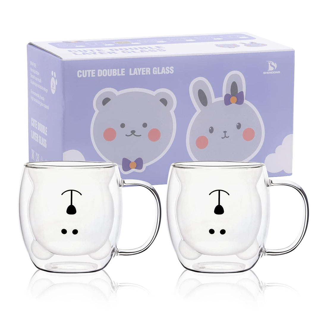 Cute Bear Mugs Set of 2 Cute Cups Bear Tea Coffee Cup with Handle 8.5oz Milk Cup Double Wall Insulated Glass Espresso Cups Glass Gift for Birthday Valentine&#39;s Day and Office (White Bear)