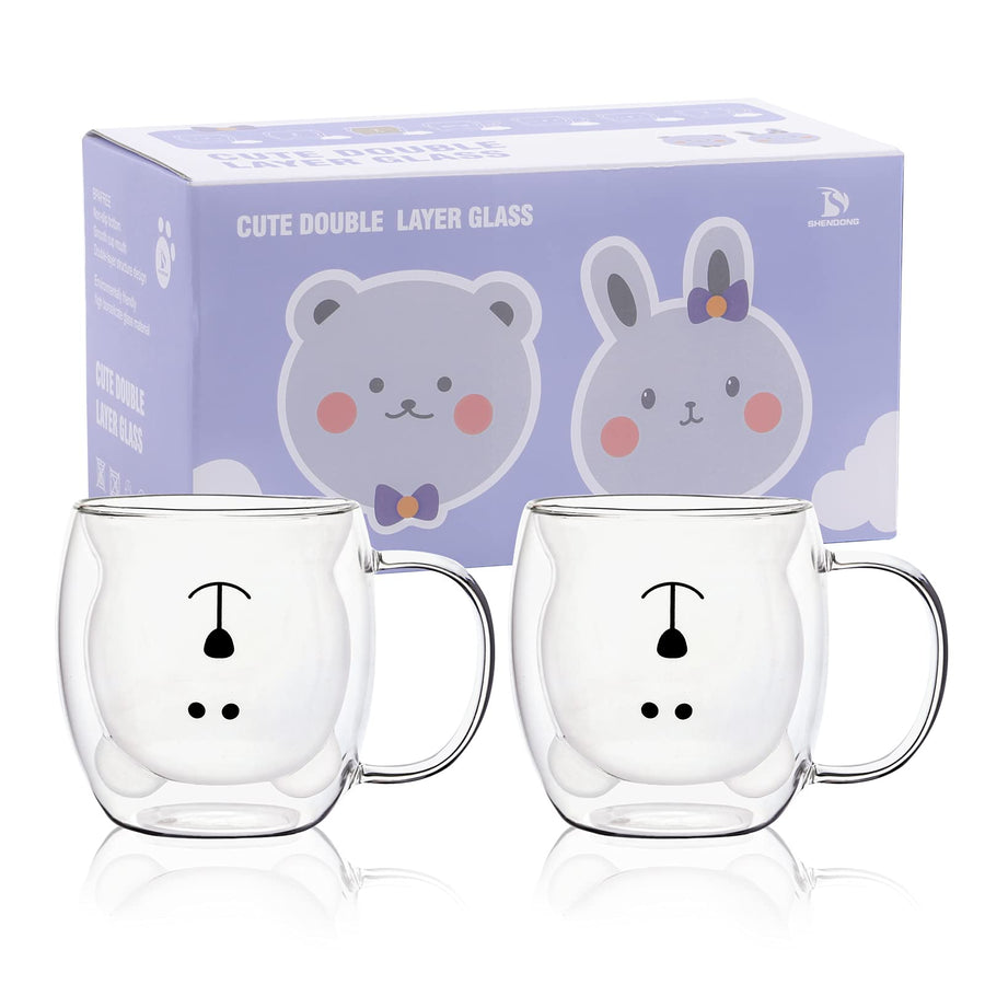 Cute Bear Mugs Set of 2 Cute Cups Bear Tea Coffee Cup with Handle 8.5oz Milk Cup Double Wall Insulated Glass Espresso Cups Glass Gift for Birthday Valentine's Day and Office (White Bear)