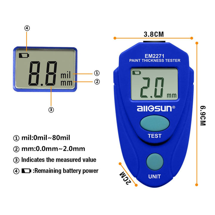 Paint Thickness Gauge Automotive Digital Car Coating Thickness Meter Calibration Data Hold Resolution 1mil