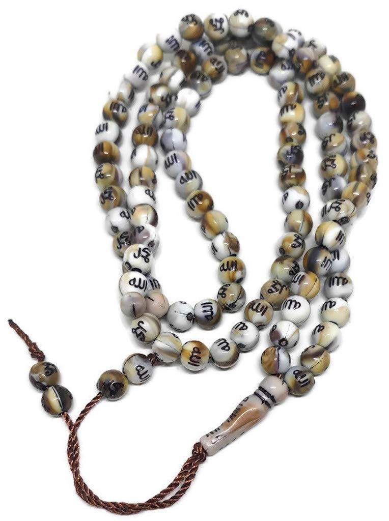 Muslim Tasbih 99 Rosary Beads AMN-184 Islam Prayer dhikr Misbaha with Allah Muhammad Names Engraved on Islamic Religion Eid Ramadan Gift (White/Coffee_Smaller)