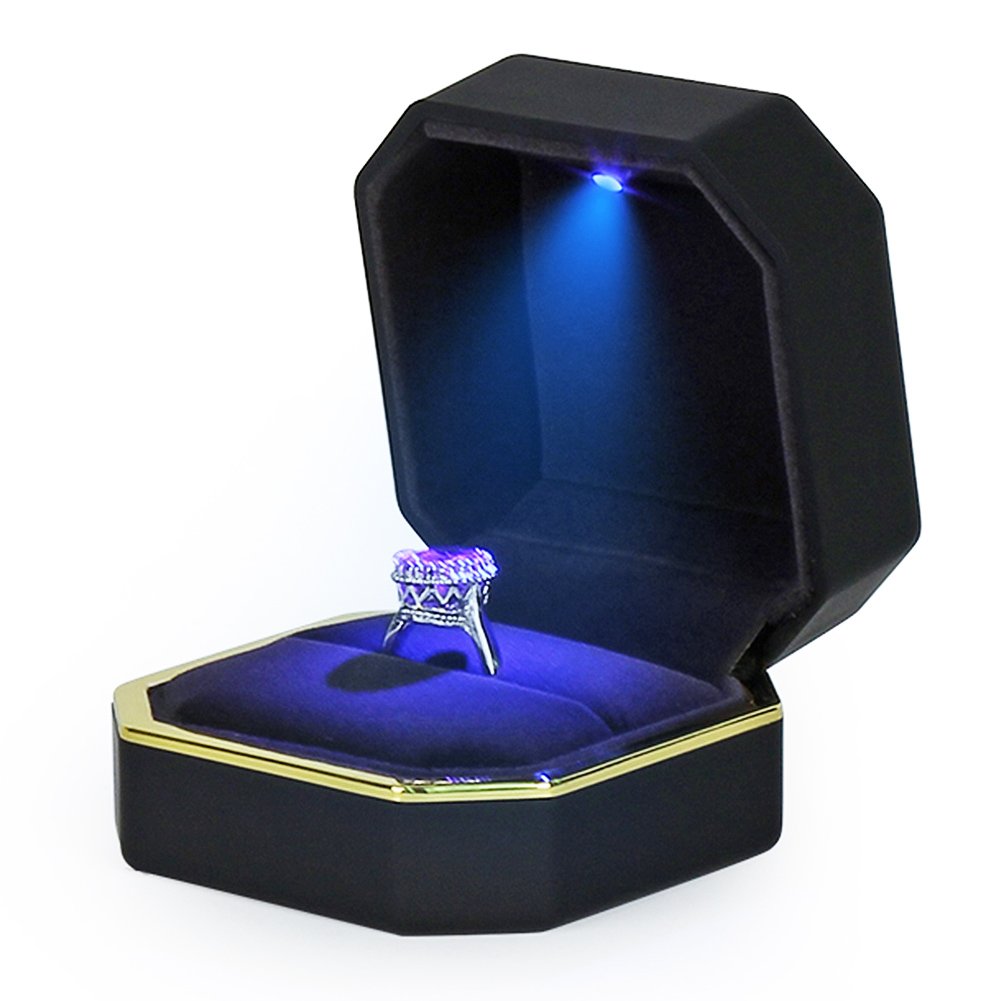 Luxury Ring Box, Square Velvet Wedding Ring Case Jewelry Gift Box with LED Light for Proposal Engagement Wedding, Black