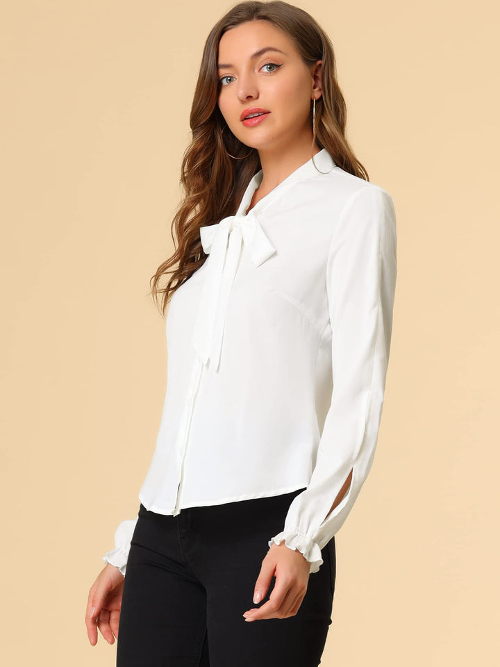 Work Blouse for Women&#39;s Elegant Bow Tie Neck Long Sleeve Shirt Top Medium White