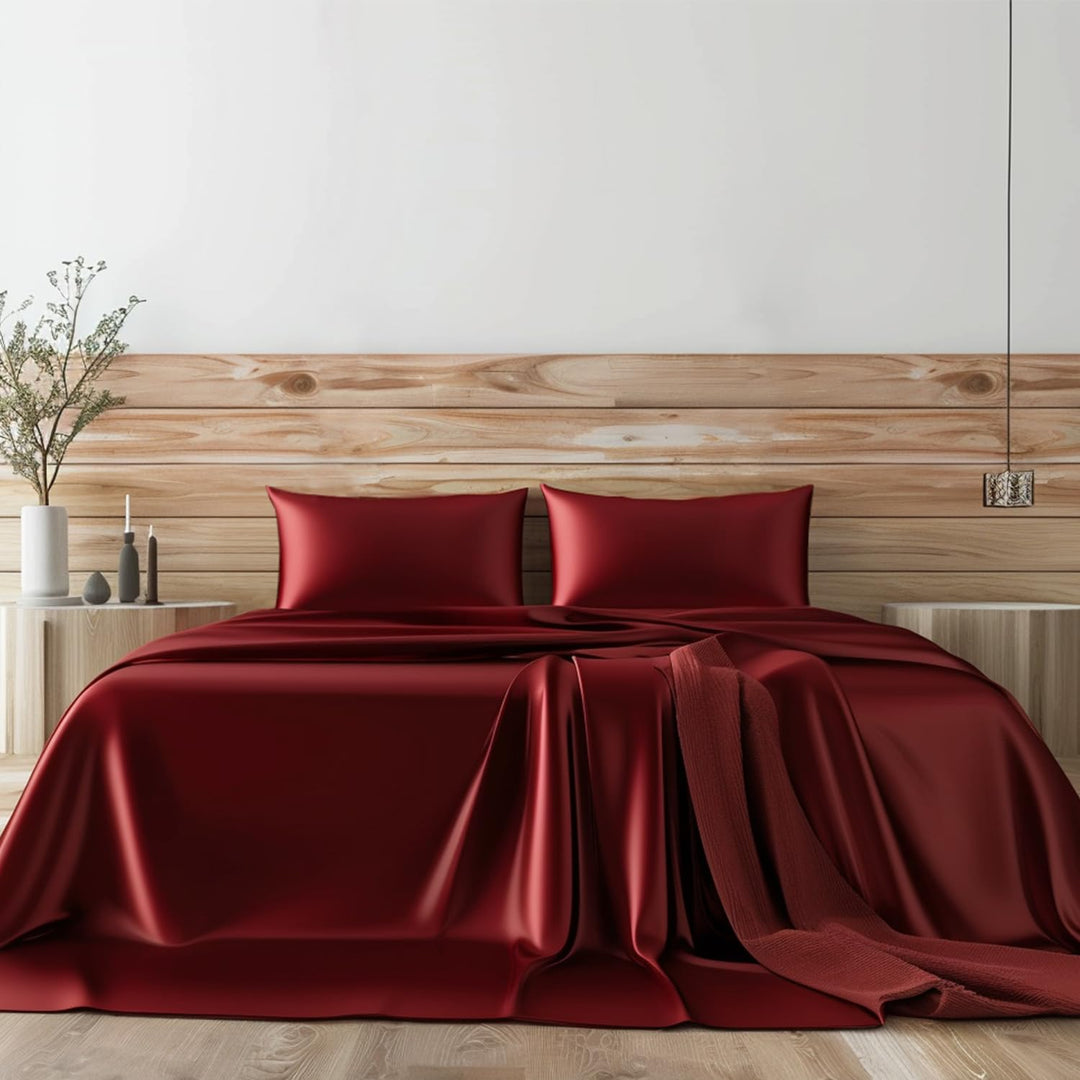 Satin Sheets Bed Set 4 Pcs, CK Size Silky Bedding Set, Soft and Durable Pillowcase Cover, Flat Sheet and Fitted Sheet, Hotel Luxury Bed Sheets Set (California King, Burgundy)