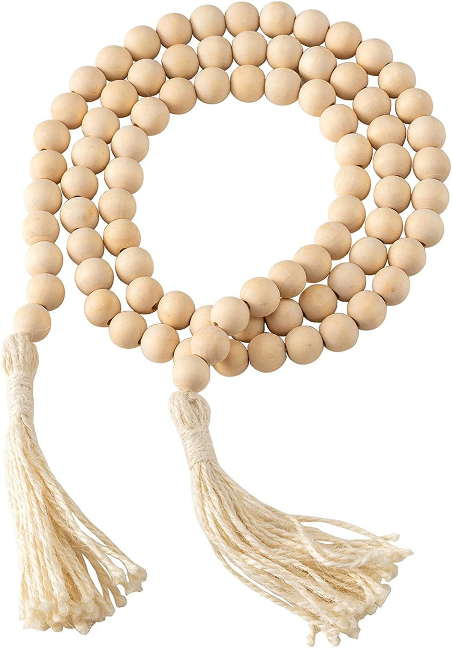 Farmhouse Wood Beads Garland Decor, 58 Inch Wooden Beads for Boho Home Decor with Tassels, Rustic Country Decor for Table, Wall, Shelf, Tray, Vase, Living Room, Bedroom, Summer