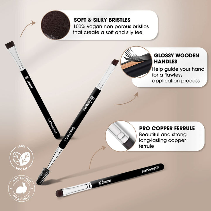 Eyebrow Brush - Duo Eye Brow Spoolie - Angled Eyeshadow Eyeliner - Precision Flat Definer - Small Shader - Premium Quality 3 Piece Set - Cruelty Free Synthetic Bristles - Apply Gel Powder Wax Pomade