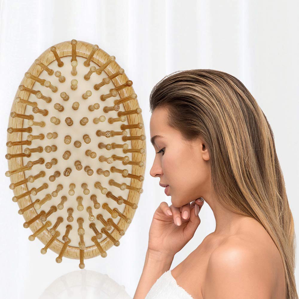 Pig Bristle Round Brush - Anti-Static Wood Pins, Compact Travel-Friendly Design for All Hair Types