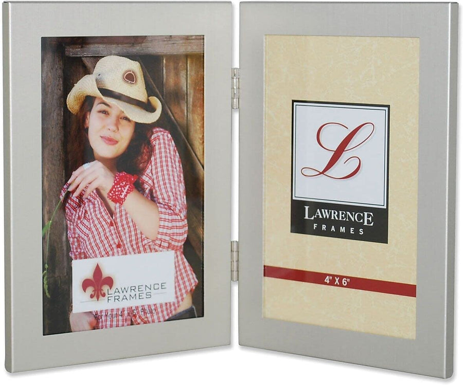 Lawrence 230124 4-Inch x 6-Inch Metal Brushed Silver Hinged Double Picture Frame