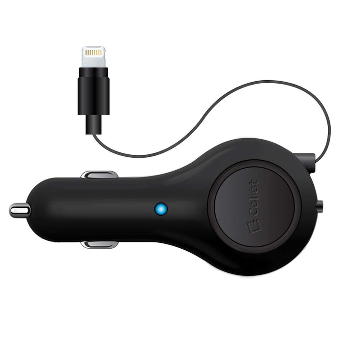 Cellet Retractable Car Charger with Lighting Cable Compatible to Lightning with Apple iPhone 14 Pro Max Plus 13 12 SE11 Xr Xs X iPad Pro Air Mini iPod Touch Nano (Apple MFI Certified) 3-feet