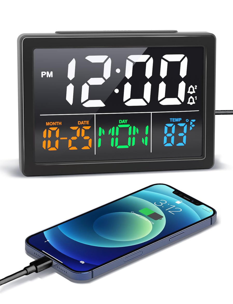 Digital Alarm Clock, with 5.5 Large LED Time Display, Adjustable Alarm Volume, 6 Level Brightness, Alarm Settings, USB Charger, Temperature Detect, Snooze, Clocks for Bedroom, Bedside, Desk, Black