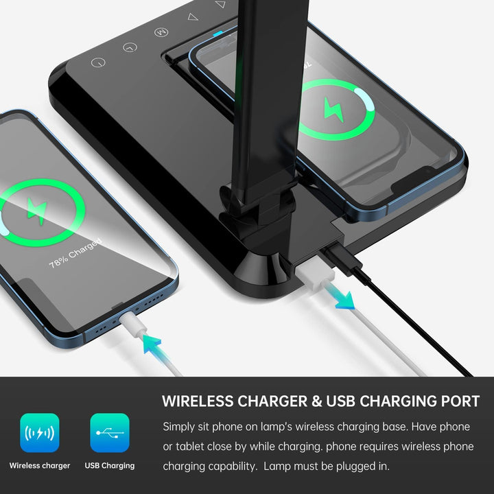 LED Desk Office Lamp with Wireless Charger &amp; USB Charging Port, Touch Control, 5 Lighting Modes, 30/60 Min Auto Timer, Eye-Caring, Dimmer, Black