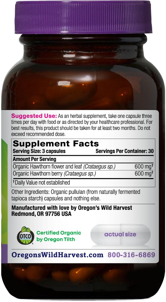 , Certified Organic Hawthorn Capsules for Natural Health, 1200 MGS, 90 Count
