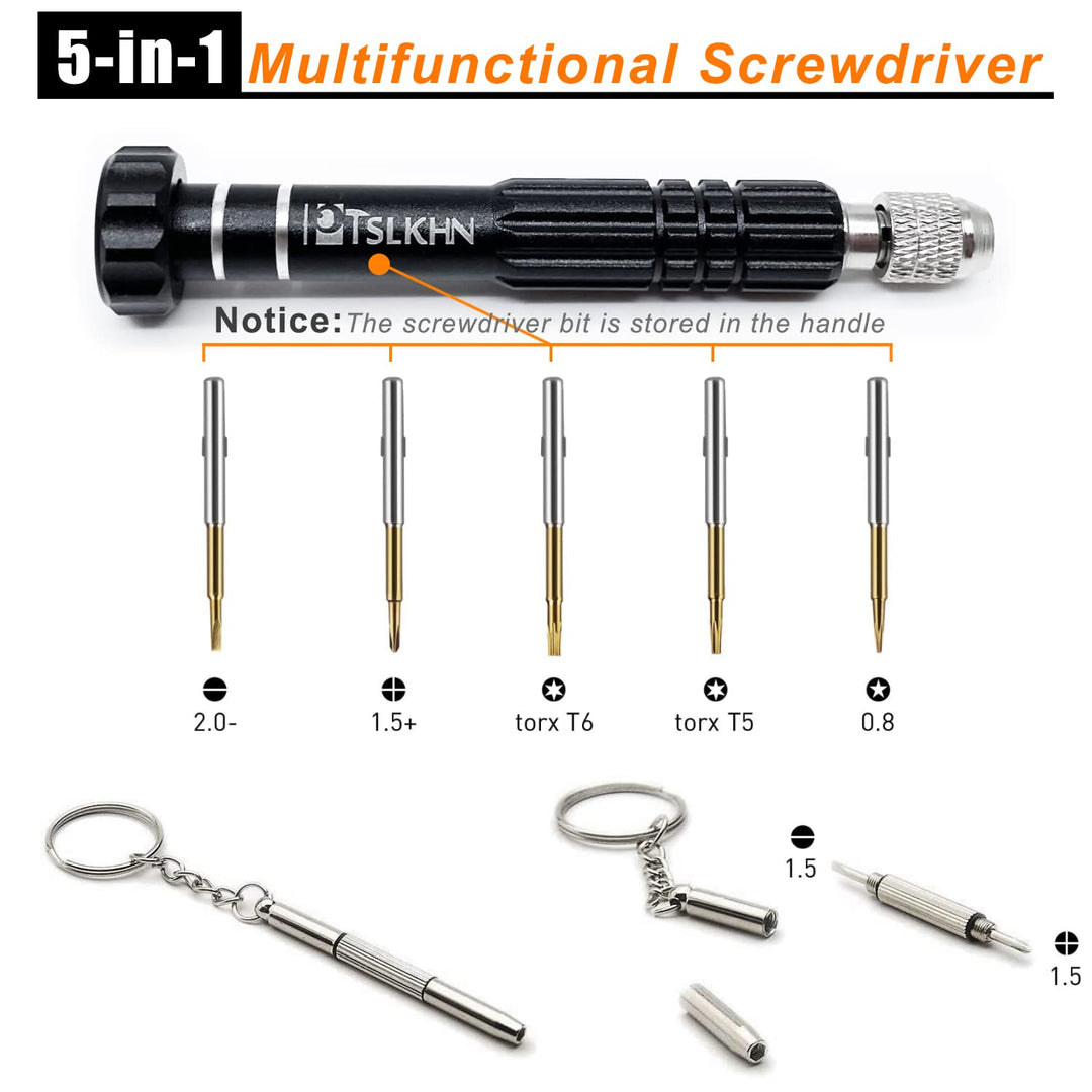 Eyeglass Screwdriver, 5-in-1 Multifunctional Small Screwdriver, S2 Steel Glasses Screwdriver Kits for Eyeglass, Sunglasses, Electronics, Cellphone, Jewelry and More (Black)