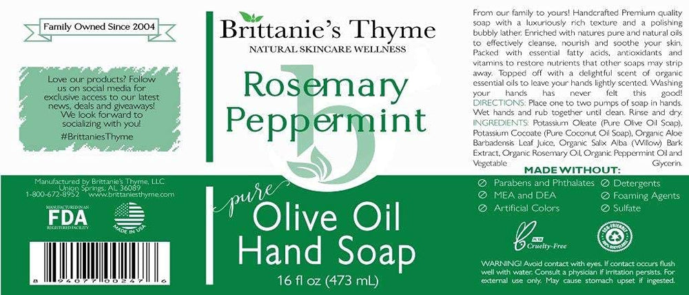 Brittanie27s Thyme Rosemary & Peppermint: Organic Hand Soap, 16 Oz - Made Olive Oil And Natural Luxurious Essential Oils. Vegan & Gluten Free (Rosemary & Peppermint)