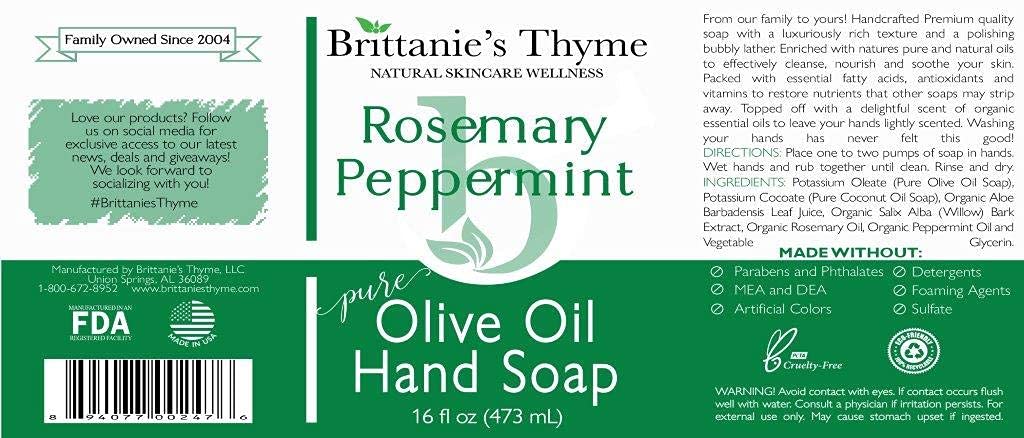 Brittanie27s Thyme Rosemary &amp; Peppermint: Organic Hand Soap, 16 Oz - Made Olive Oil And Natural Luxurious Essential Oils. Vegan &amp; Gluten Free (Rosemary &amp; Peppermint)