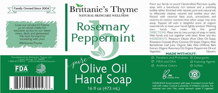 Brittanie27s Thyme Rosemary &amp; Peppermint: Organic Hand Soap, 16 Oz - Made Olive Oil And Natural Luxurious Essential Oils. Vegan &amp; Gluten Free (Rosemary &amp; Peppermint)