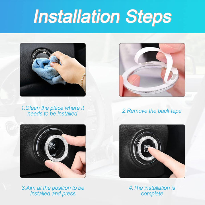 2 Pack Car Push Start Button Cover/Sticker, Key Ignition Knob Bling Ring, Sparkling Car Interior Accessories for Women (Blue1)