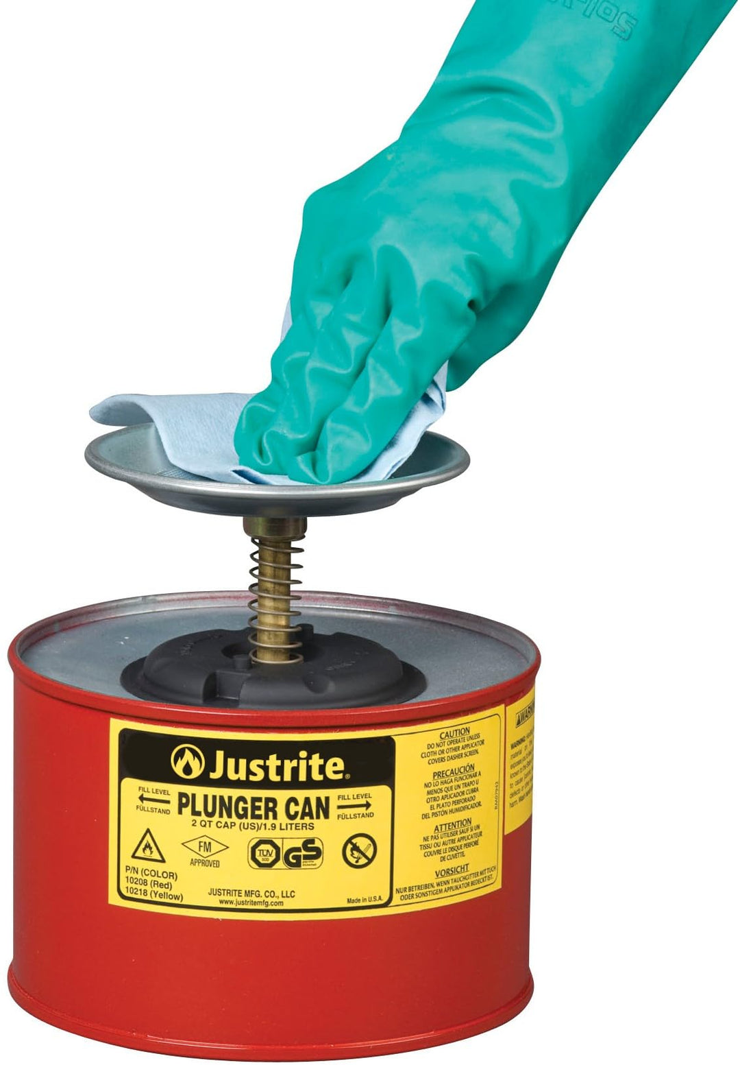 Plunger Can for Solvents, 2 Quarts Capacity, 7.4 x 7.25 Steel Push-Down Solvent Dispenser Can, Made in The USA Industrial Mechanic Tools, Red, 10208