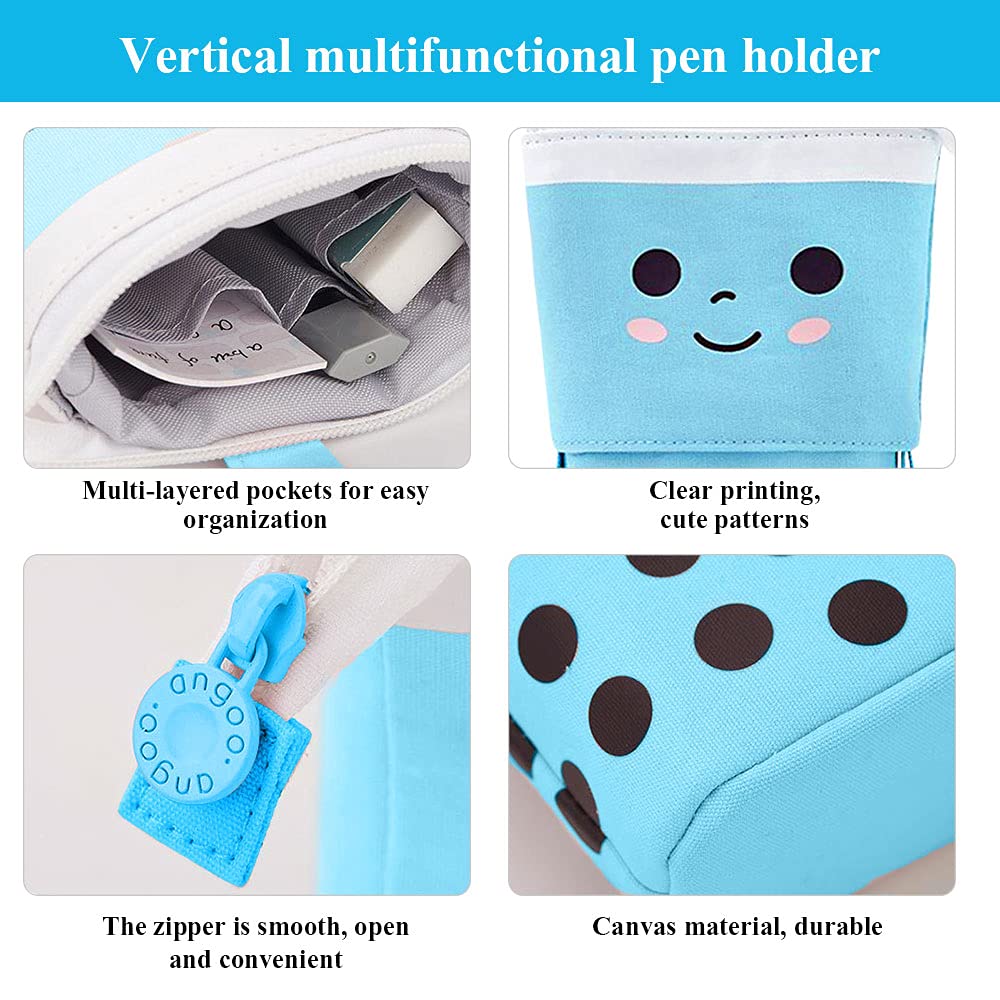 Milktea Cute Standing Pencil Case for Kids, Pop Up Pencil Box Makeup Pouch, Stand UP Christmas Gift kids Pen Holder Organizer Cosmetics Bag, Kawaii Stationary (Blue)