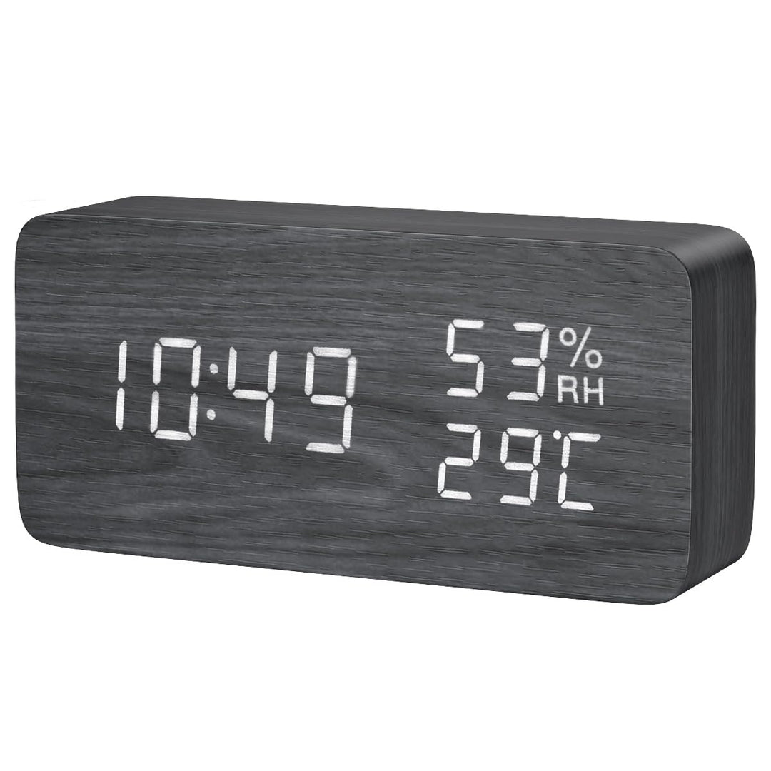 Digital Wooden Alarm Clock, Electronic LED Desktop Clock with Temperature Humidity Time Display, 3 Alarm Settings, Voice Control, 3 Levels Adjustable Brightness for Home, Bedroom, Office