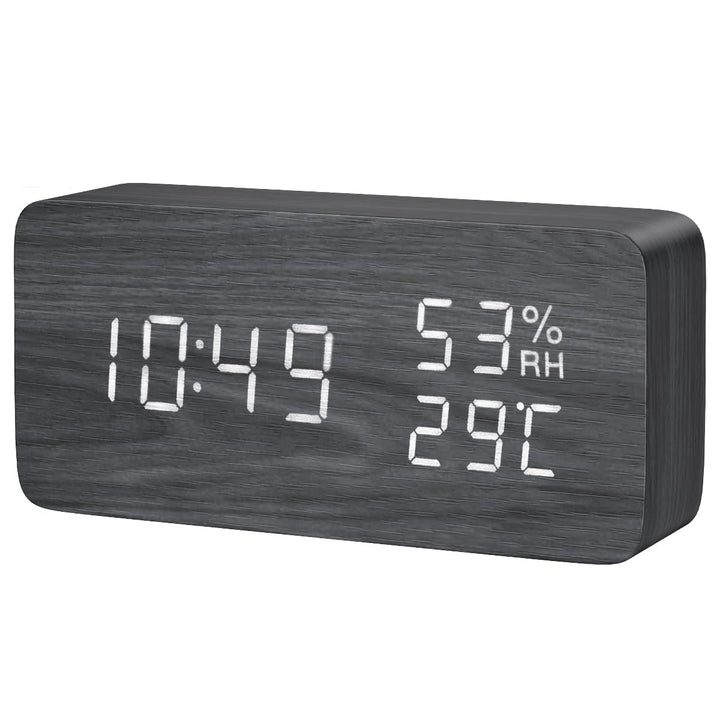 Digital Wooden Alarm Clock, Electronic LED Desktop Clock with Temperature Humidity Time Display, 3 Alarm Settings, Voice Control, 3 Levels Adjustable Brightness for Home, Bedroom, Office