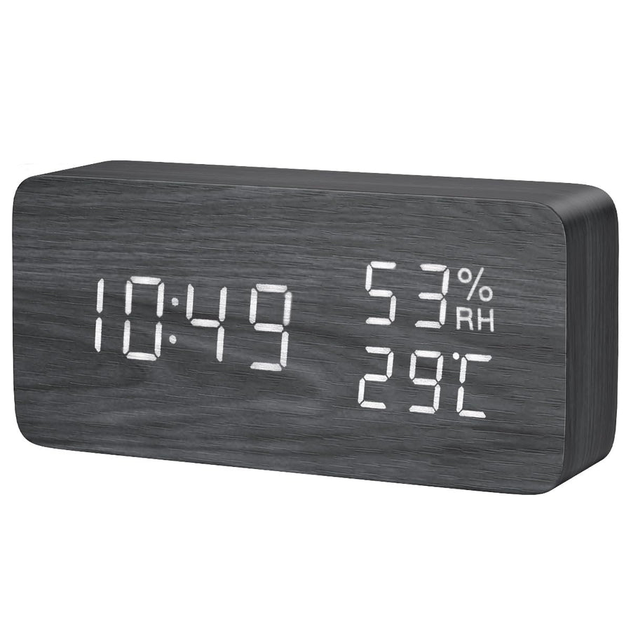 Digital Wooden Alarm Clock, Electronic LED Desktop Clock with Temperature Humidity Time Display, 3 Alarm Settings, Voice Control, 3 Levels Adjustable Brightness for Home, Bedroom, Office