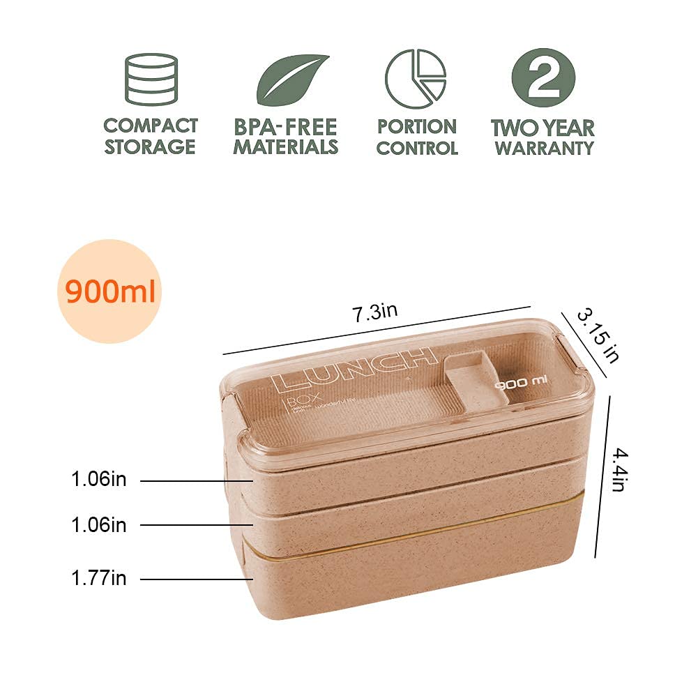 Bento Adults Lunch Box, Stackable Bento Box, 3-In-1 Compartment - Wheat Straw, Leakproof Bento Lunch Box Meal Prep Containers