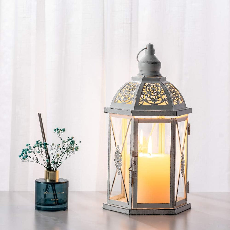Large Candle Lantern Decorative, Outdoor&Indoor 15.2'' Hanging Lantern Farmhouse Home Decor, Hexagon Vintage Metal Candle Holder for Table Porch Shelf Patio Wedding Party Thanksgiving Decor