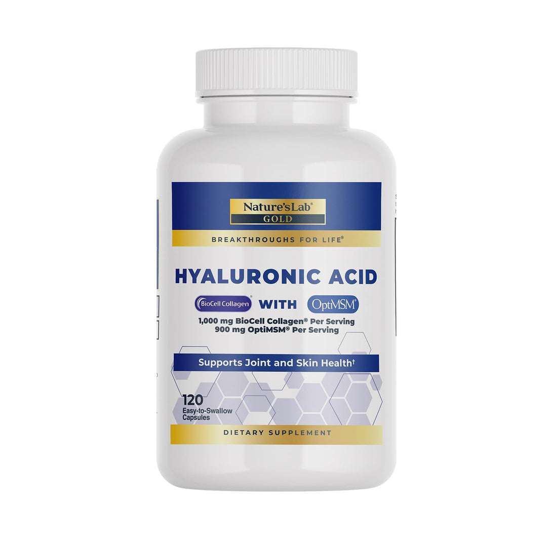 Nature&#39;s Lab Hyaluronic Acid with Biocell Collagen and MSM - Skin Hydration, Joint Health - 120 Capsules (40 Day Supply)