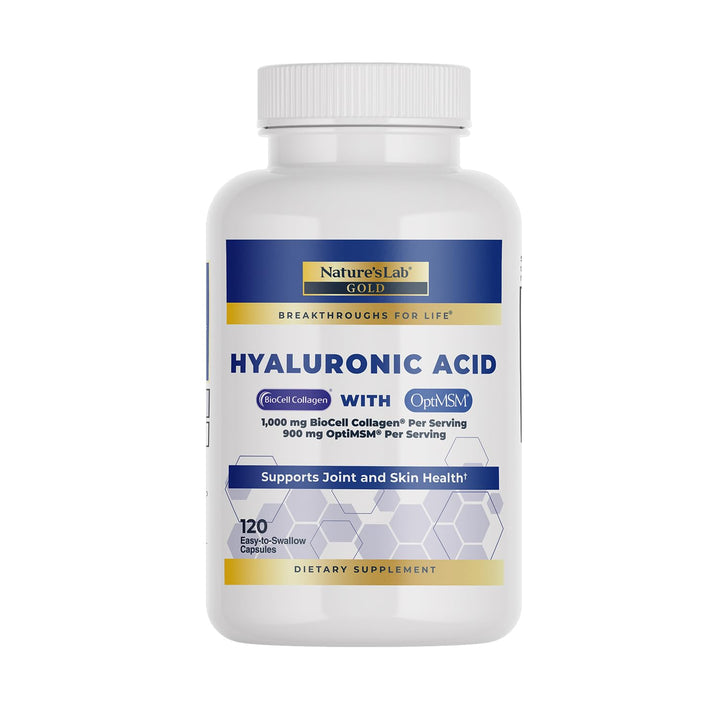 Nature&#39;s Lab Hyaluronic Acid with Biocell Collagen and MSM - Skin Hydration, Joint Health - 120 Capsules (40 Day Supply)
